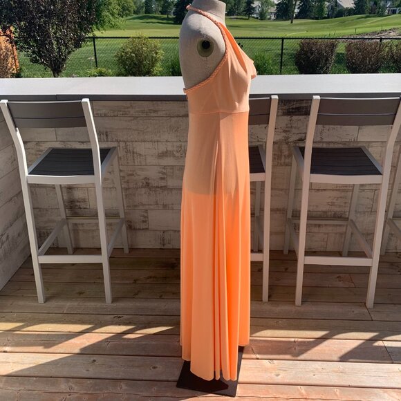 Vintage 70s Tangerine Peach Cowl Neck Wrap Halter Maxi Dress Prom Gown - Picture 6 of 16